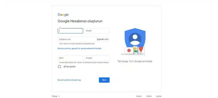 Gmail Gerekli bilgileri doldurun